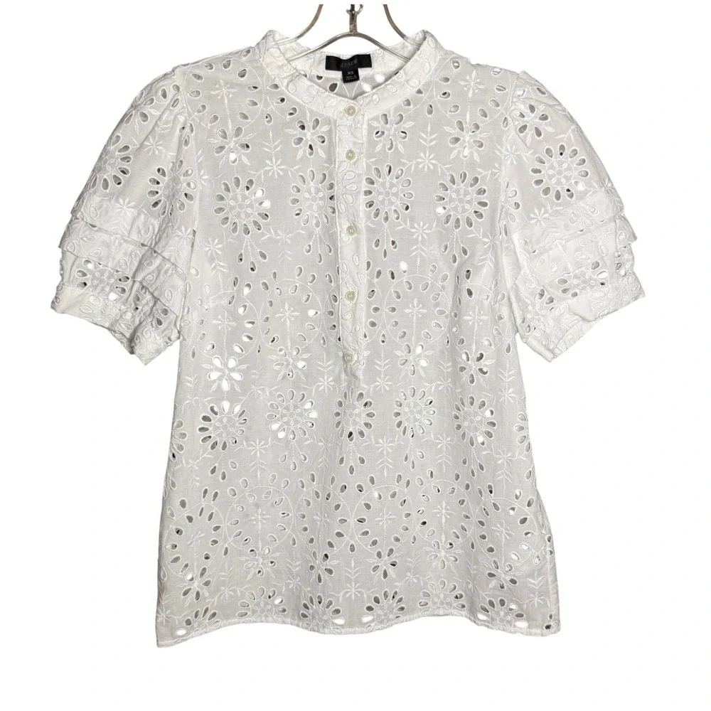 J.Crew White Floral Eyelet‎ Puff Sleeve Button Blouse XS Cottagecore Feminine